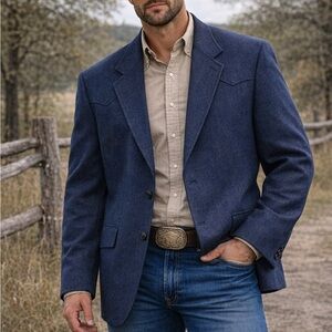 Pendleton 100% Wool Western Cowboy Men’s Navy Sport Coat Blazer Elbow Patch 48